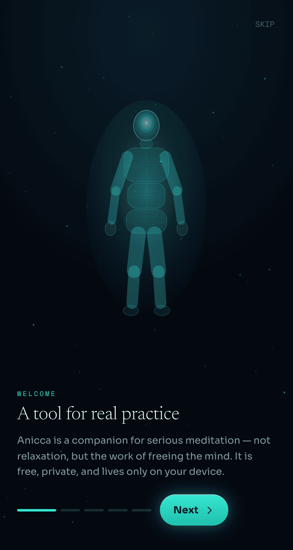 Meditate — a guided body-scan onboarding screen on a dark, starlit background
